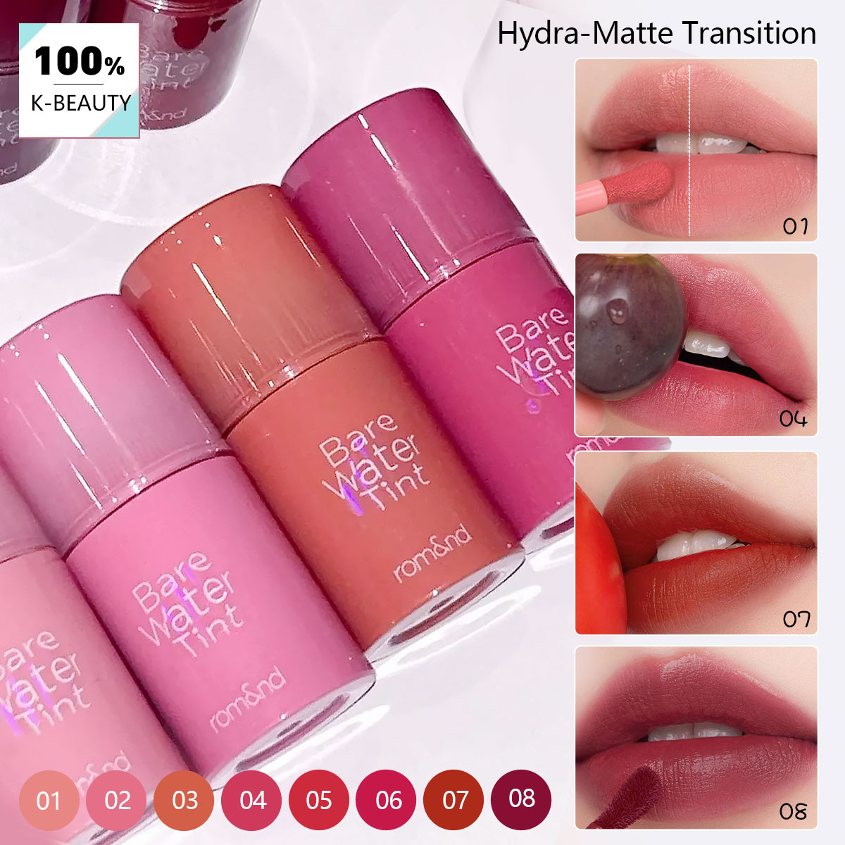 Lip Tint Korean - rom&nd BARE MOOL TINT, Wasserleichte Textur,