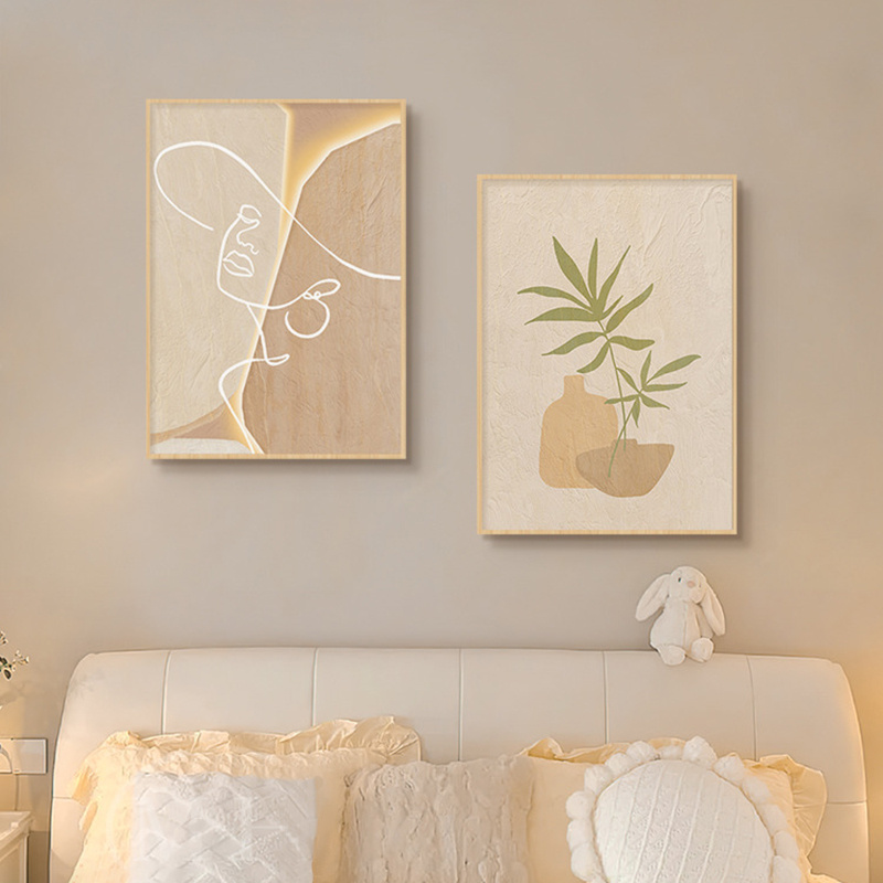 Korean Arts And Lifestyle - Holzfarbenes Abstraktes Linienkunst-Leinwandgemälde Botanisches Minimalistisches Poster